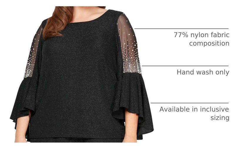 Alex Evenings Women's Plus Size Metallic Knit 3/4 Sleeve Blouse, Pair with Our Pants or Skirts for Any Formal Event, Black Bell Sleeve, 1X - Image 3